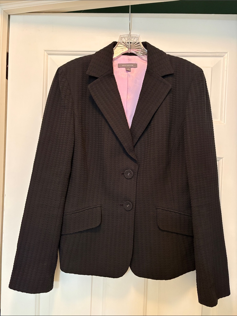 Ann Taylor Black Textured Notch-Lapel Blazer with Pink Lining